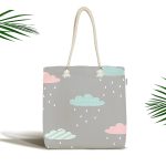 - Canta-4651 - Realhomes Gri Zemin Mavi Bulut Desenli Özel Tasarımlı Dijital Baskılı Çocuk Odası Kumaş Plaj Çantası Realhomes