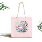Pembe Zemin Tatil Temalı Unicorn Desenli Dijital Baskılı Kumaş Plaj Çantası Realhomes