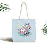 - Canta-4686 - Realhomes Mavi Zemin Tatil Temalı Unicorn Desenli Dijital Baskılı Kumaş Plaj Çantası Realhomes