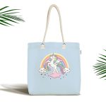 - Canta-4692 - Realhomes Mavi Zeminde Sevimli Unicorn Desenli Dijital Baskılı Çocuk Odası Kumaş Plaj Çantası Realhomes