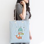 Mavi Zeminli Şapkalı Sevimli Tilki Dijital Baskılı Kumaş Plaj Çantası Realhomes