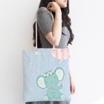 Mavi Zeminde Sevimli Fil Desenli Dijital Baskılı Çocuk Odası Kumaş Plaj Çantası Realhomes