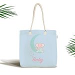 - Canta-4711 - Realhomes Mavi Zeminde Baby Shower Temalı Fil Desenli Dijital Baskılı Çocuk Odası Kumaş Plaj Çantası Realhomes