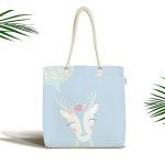 - Canta-4714 - Realhomes Mavi Zeminde Hello Baby Yazılı Geyik Desenli Dijital Baskılı Çocuk Odası Kumaş Plaj Çantası Realhomes