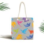 Realhomes Gri Zeminli Origami Sanatı Dijital Baskılı Kumaş Plaj Çantası Realhomes