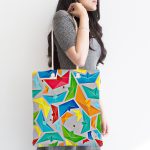 - Canta-4849-1 - Realhomes Realhomes Gri Zeminde Origami Gemiler Dijital Baskılı Kumaş Plaj Çantası Realhomes