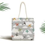 - Canta-4858 - Realhomes Realhomes Gri Zeminde Uçak Desenli Bulutlar Dijital Baskılı Kumaş Plaj Çantası Realhomes