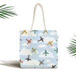 - Canta-4859 - Realhomes Realhomes Mavi Zeminde Uçak Desenli Bulutlar Dijital Baskılı Kumaş Plaj Çantası Realhomes