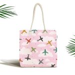 - Canta-4860 - Realhomes Realhomes Pembe Zeminde Uçak Desenli Bulutlar Dijital Baskılı Kumaş Plaj Çantası Realhomes