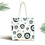 - Canta-4927 - Realhomes Realhomes Beyaz Zeminde Nazar Boncuklu Dijital Baskılı Kumaş Plaj Çantası Realhomes