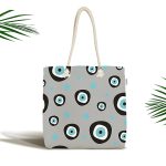 - Canta-4928 - Realhomes Realhomes Gri Zeminde Nazar Boncuklu Dijital Baskılı Kumaş Plaj Çantası Realhomes