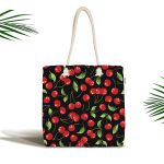 - Canta-4946 - Realhomes Realhomes Siyah Zeminde Kiraz Desenli Dijital Baskılı Kumaş Plaj Çantası Realhomes