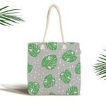 Realhomes Gri Zeminde Yapraklar Dijital Baskılı Kumaş Plaj Çantası Realhomes