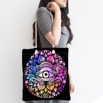 Realhomes Siyah Zeminde Renkli Üçüncü Göz Motifli Kumaş Plaj Çantası Realhomes