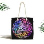 Realhomes Siyah Zeminde Renkli Üçüncü Göz Motifli Kumaş Plaj Çantası Realhomes