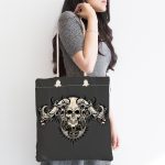 - Canta-5016-1 - Realhomes Gri Zeminde Kuru Kafa Motifli Özel Tasarım Kumaş Plaj Çantası Realhomes