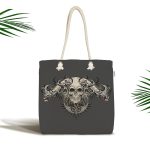 - Canta-5016 - Realhomes Gri Zeminde Kuru Kafa Motifli Özel Tasarım Kumaş Plaj Çantası Realhomes