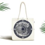 - Canta-5017 - Realhomes Beyaz Zeminde Lacivert Pusula Motifli Kumaş Plaj Çantası Realhomes