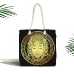 Realhomes Özel Tasarım Siyah Zeminde Gold Medusa Kumaş Plaj Çantası Realhomes