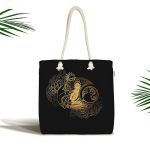 Uzak Doğu Gold Yoga Motifli Özel Tasarım Dijital Baskılı Kumaş Plaj Çantası Realhomes