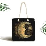- Canta-5038 - Realhomes Realhomes Özel Tasarım Gold Ay Desenli Saat Kumaş Plaj Çantası Realhomes