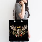 Altın Taç Motifli Kuru Kafalı Özel Tasarım Dijital Baskılı Kumaş Plaj Çantası Realhomes