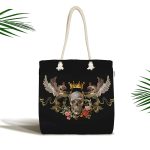Altın Taç Motifli Kuru Kafalı Özel Tasarım Dijital Baskılı Kumaş Plaj Çantası Realhomes
