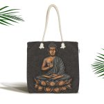 Gri Zeminde Buda Heykeli Motifli Özel Tasarım Kumaş Plaj Çantası Realhomes