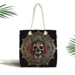 - Canta-5049 - Realhomes Gold Çerçeve İçerisinde Gül Kuru Kafa Motifli Kumaş Plaj Çantası Realhomes