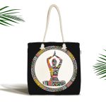 - Canta-5053 - Realhomes Siyah Zeminde Yoga Motifli Kumaş Plaj Çantası Realhomes