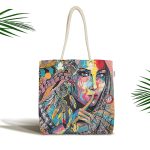 - Canta-5079 - Realhomes Sulu Boya Tüy Motifli Renkli Kadın Özel Tasarım Kumaş Plaj Çantası Realhomes