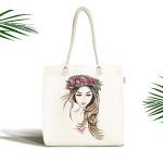 - Canta-5094 - Realhomes Beyaz Zeminde Renkli Kalem Çizimli Dekoratif Kumaş Plaj Çantası Realhomes