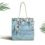 - Canta-5108 - Realhomes Mavi Ahşap Zeminli Bahar Motifli Kumaş Plaj Çantası Realhomes