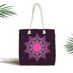 - Canta-5120 - Realhomes Siyah Zeminde Pembe Neon Mandala Desenli Kumaş Plaj Çantası Realhomes