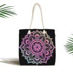 Siyah Zeminde Pembe Mavi Mandala Desenli Özel Tasarım Kumaş Plaj Çantası Realhomes