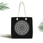 - Canta-5138 - Realhomes Siyah Beyaz Çiçek Desenli Mandala Motifli Kumaş Plaj Çantası Realhomes