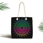 - Canta-5144 - Realhomes Siyah Zeminde Pembe Yeşil Mandala Motifli Kumaş Plaj Çantası Realhomes