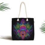 - Canta-5209 - Realhomes Siyah Zeminde Renkli Fâtımâ'nın Eli Desenli Kumaş Plaj Çantası Realhomes