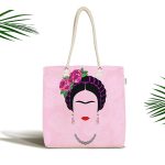 - Canta-5211 - Realhomes Pembe Zeminde Kahlo Frida Dijital Baskılı Kumaş Plaj Çantası Realhomes