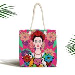 - Canta-5213 - Realhomes Fuşya Zeminde Frida Kahlo Motifli Özel Tasarım Kumaş Plaj Çantası Realhomes