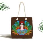 - Canta-5217 - Realhomes Kahverengi Zeminde Özel Tasarım Frida Kahlo Dijital Baskılı Kumaş Plaj Çantası Realhomes