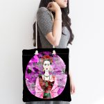 - Canta-5219-1 - Realhomes Siyah Zeminde Renkli Frida Desenli Kumaş Plaj Çantası Realhomes