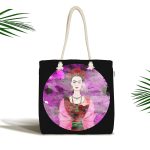- Canta-5219 - Realhomes Siyah Zeminde Renkli Frida Desenli Kumaş Plaj Çantası Realhomes