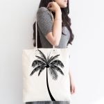 Beyaz Zeminde Siyah Palmiye Desenli Özel Tasarım Kumaş Plaj Çantası Realhomes