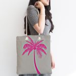 - Canta-5228fusya-1 - Realhomes Gri Zeminde Fuşya Palmiye Motifli Modern Kumaş Plaj Çantası Realhomes