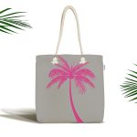 - Canta-5228fusya - Realhomes Gri Zeminde Fuşya Palmiye Motifli Modern Kumaş Plaj Çantası Realhomes