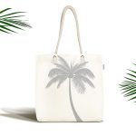 - Canta-5228gri - Realhomes Beyaz Zeminde Gri Palmiye Desenli Kumaş Plaj Çantası Realhomes