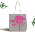- Canta-5230fusya - Realhomes Gri Zeminde Dekoratif Fuşya Ağaç Tasarımlı Kumaş Plaj Çantası Realhomes