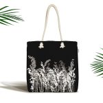 - Canta-5233 - Realhomes Siyah Zeminde Beyaz Ve Gri Çiçek Temalı Özel Tasarım Kumaş Plaj Çantası Realhomes