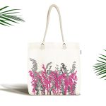 - Canta-5233beyaz - Realhomes Beyaz Zeminde Gri Ve Fuşya Çiçek Dijital Baskılı Kumaş Plaj Çantası Realhomes